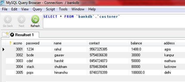 Table content of customer